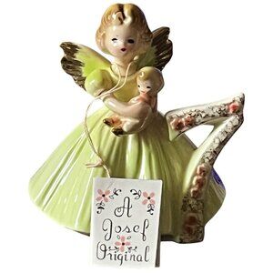 Vtg Josef Originals Birthday Angel Age 7 Green Dress Holding Baby w/Tag Label